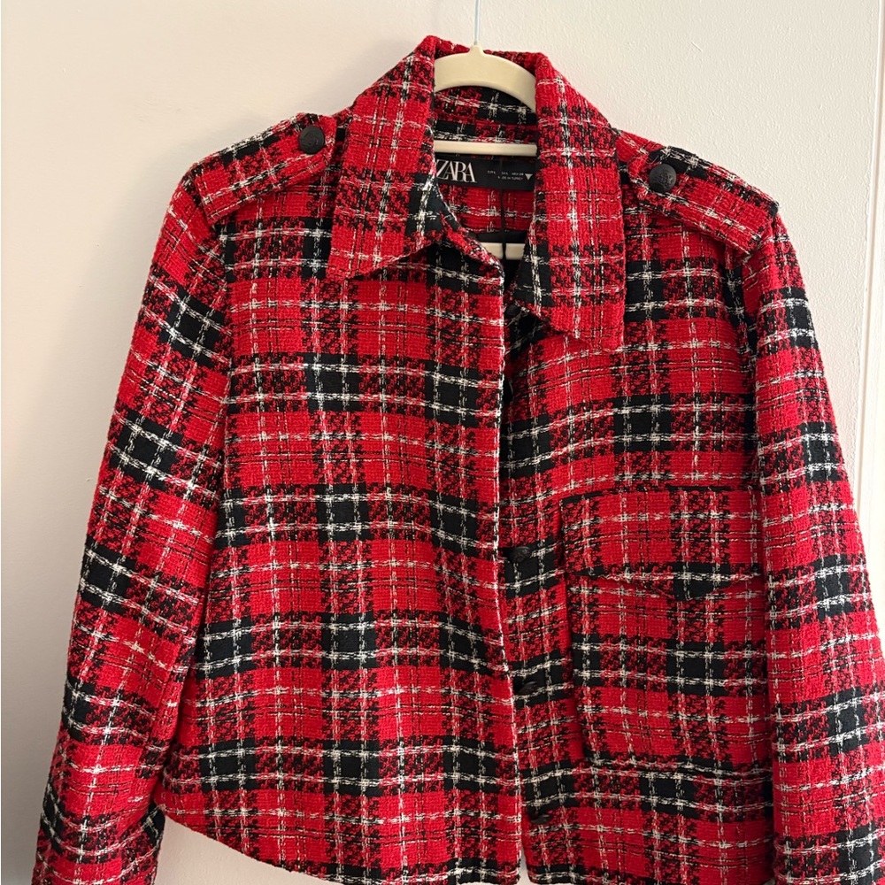 Zara Women's Red and Black Plaid Blazer